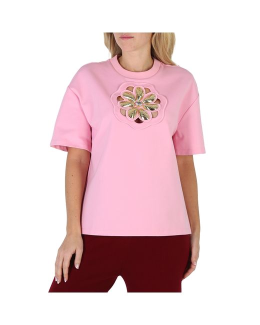 Area Pink Mussel Flower Embellished Cutout Jersey T-Shirt