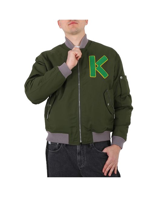Kenzo Dark Khaki Varsity Logo-Patch Bomber Jacket