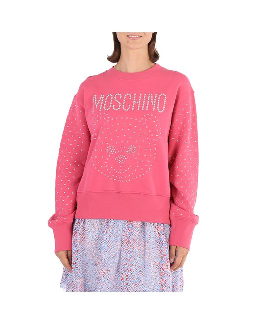 Moschino Ladies Fantasy Print Fucsia Crystal Teddy Bear Organic Cotton Sweatshirt