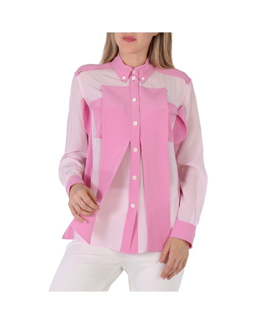 Burberry Ladies Beckierl Pale Candy Pink Panelled Silk Crepe-De-Chine Shirt