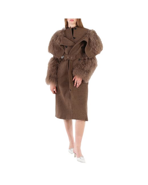 Burberry Ladies Dark Mahogany Shearling Trim Wool Cashmere Double-Breasted Trench Coat