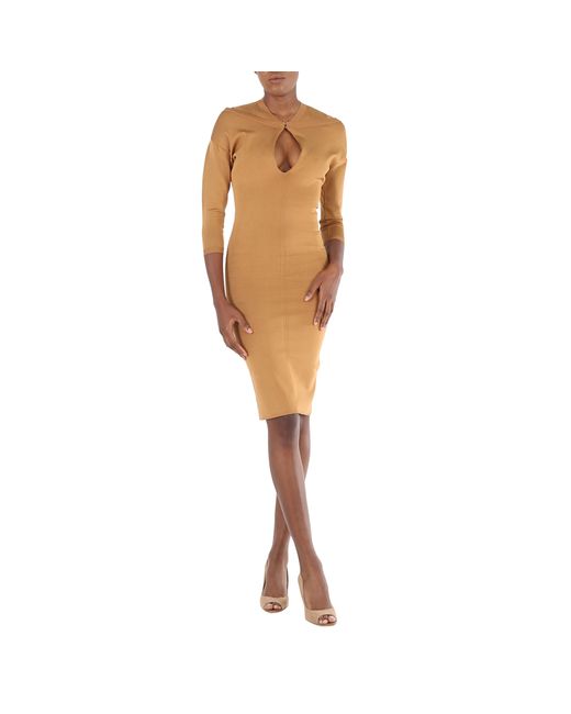 Burberry Ladies Camel Cut-Out Detail Knitted Long-Sleeve Dress