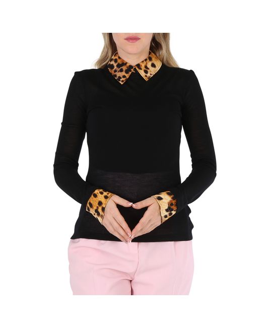 Burberry Long-Sleeve Spotted Monkey Print Trim Cashmere Top