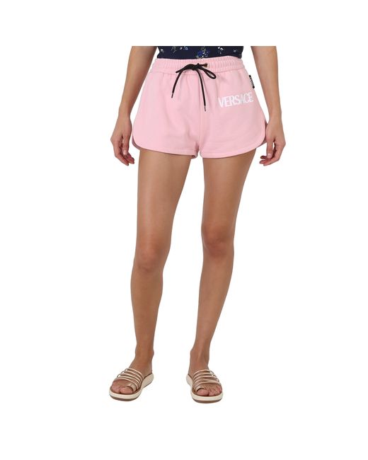 Versace Ladies Rose Logo Print Sweat Shorts