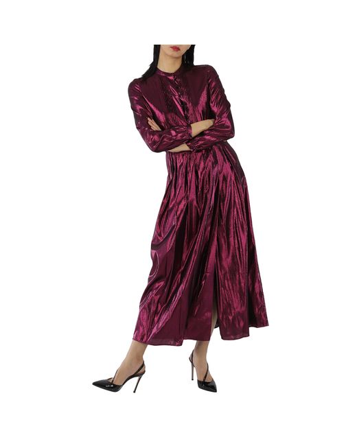 Burberry Metallic Long Sleeve Pleated Dress