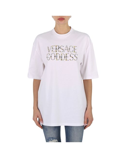 Versace Ladies Optical Studded Goddess Cotton T-Shirt