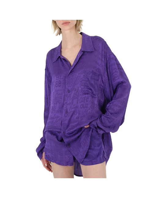Balenciaga Violet Long-Sleeve Allover Logo Minimal Shirt