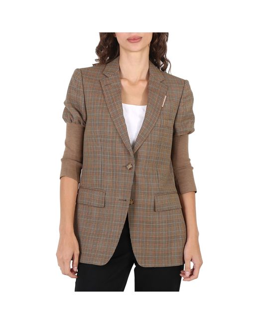 Burberry Ladies Fawn Knitted Sleeve Houndstooth Check Wool Tailored Jacket