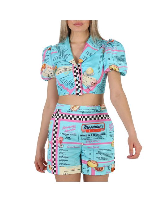 Moschino All-Over Diner Menu Print Cropped Silk Blouse