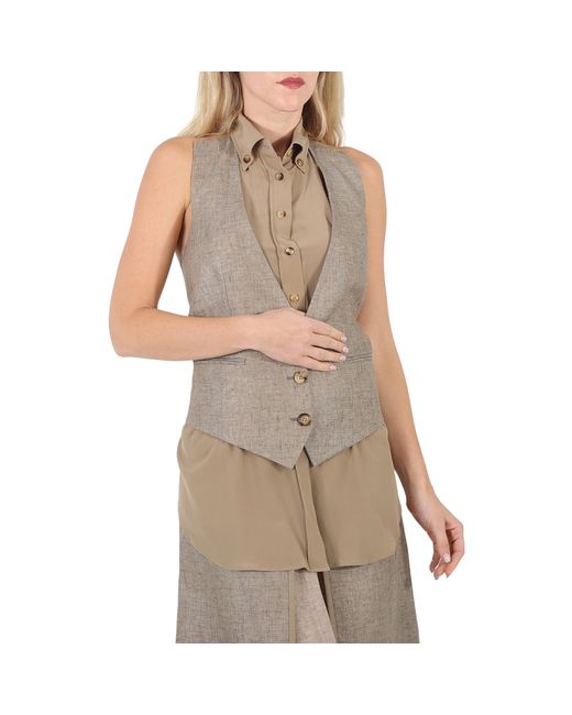 Burberry Ladies Cedar Melange Silk Shirt Detail Linen Remodeled Vest