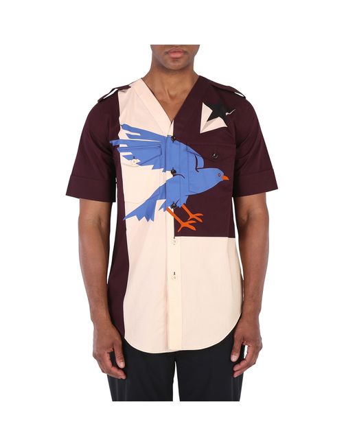 Burberry Deep Maroon Bird Geo Print Short Sleeve Cotton Shirt
