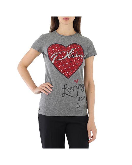 Philipp Plein Multi Crystal Heart Printed Cotton Jersey T-shirt