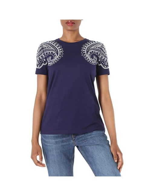 Roberto Cavalli Ladies Indigo Bandana Crystal-Embellished Cotton T-shirt Brand 42 US