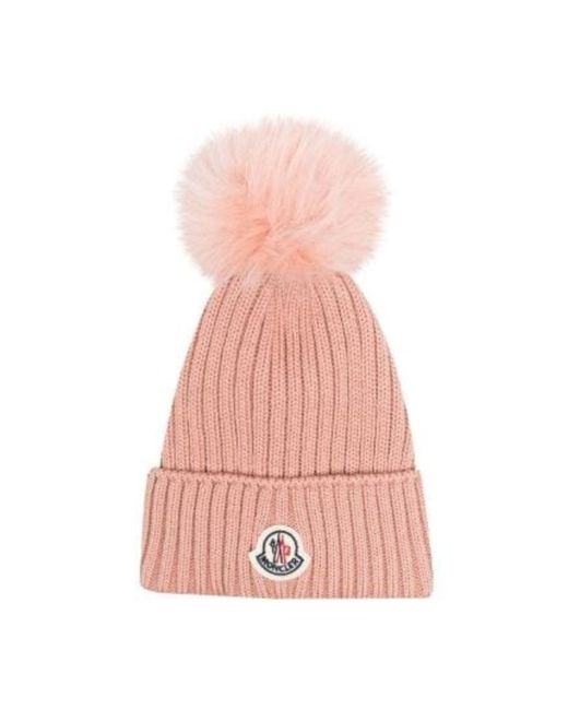 Moncler Ladies Pastel Pink Logo-Patch Knitted Hat