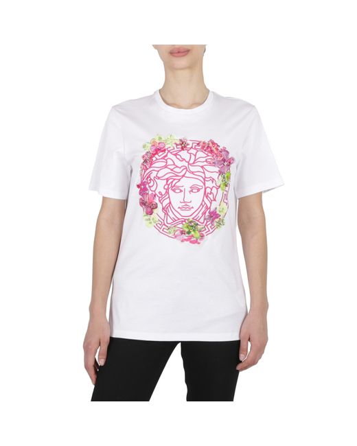 Versace Ladies Optical White Medusa Embroidered Crewneck T-Shirt Brand 36 US