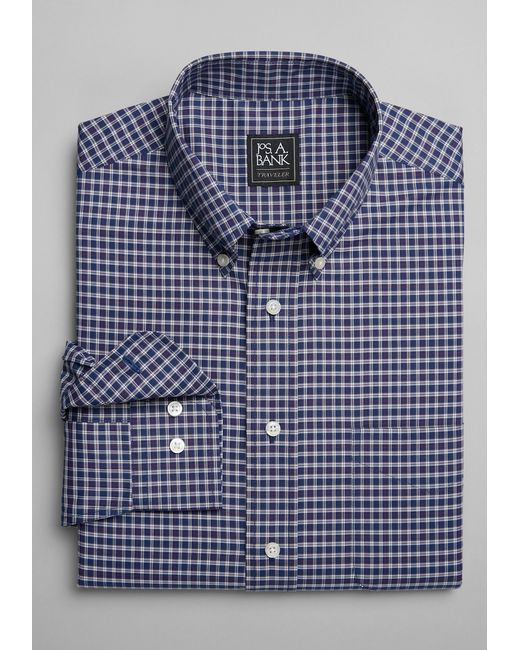 JoS. A. Bank Traveler Collection Tailored Fit Button-Down Collar Check Casual Shirt Navy/Burgundy Medium