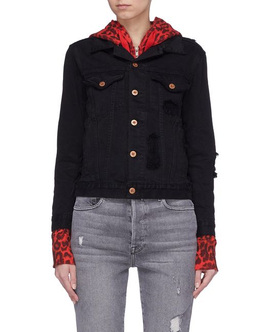 Nsf Adams denim jacket overlay leopard print zip hoodie