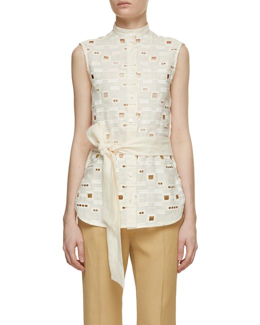 Kiton Square Cutout Belted Linen Blouse