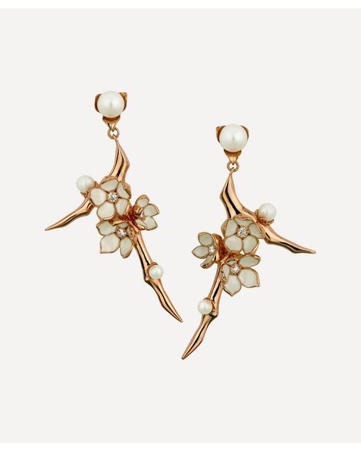 Shaun Leane Cherry Blossom Small Pearl and Diamond Flower Drop Earrings