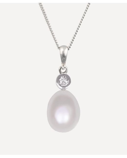 Kojis White Gold Pearl and Diamond Pendant Necklace