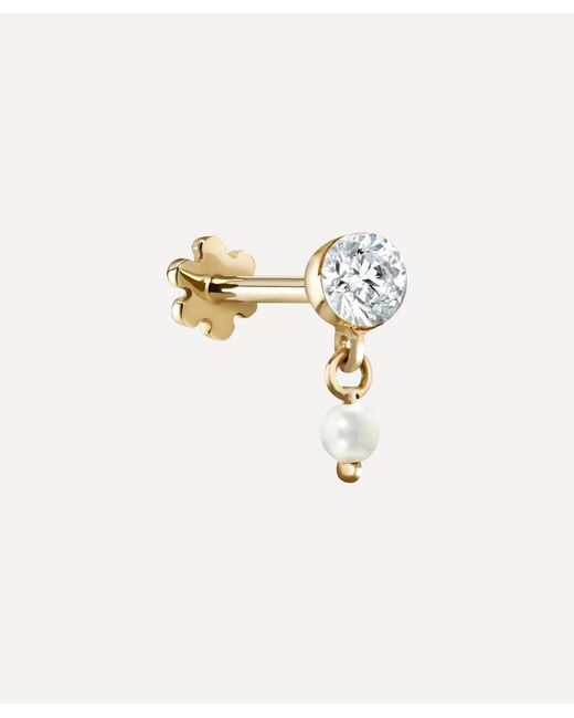 Maria Tash 18ct 3mm Invisible Set Diamond and Pearl Dangle Single Threaded Stud Earring
