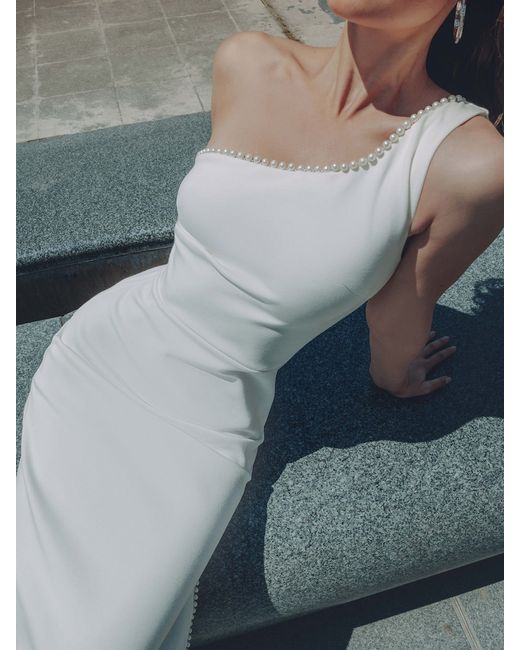 Lichi One shoulder maxi dress with pearl decor