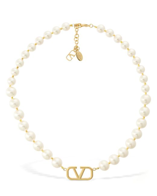 Valentino Garavani Imitation Pearl Chain V Logo Necklace