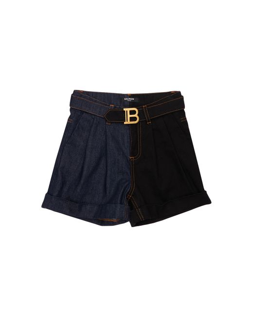 Balmain Cotton Denim Shorts W Logo Buckle