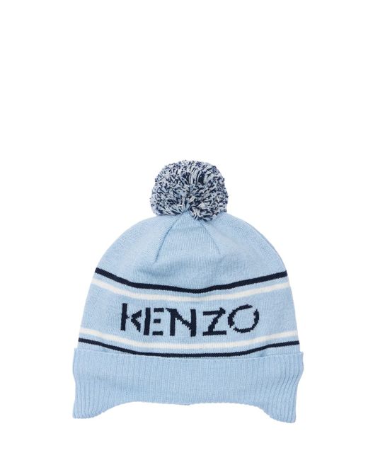 Kenzo Kids Logo Cotton Blend Knit Hat W Pompom