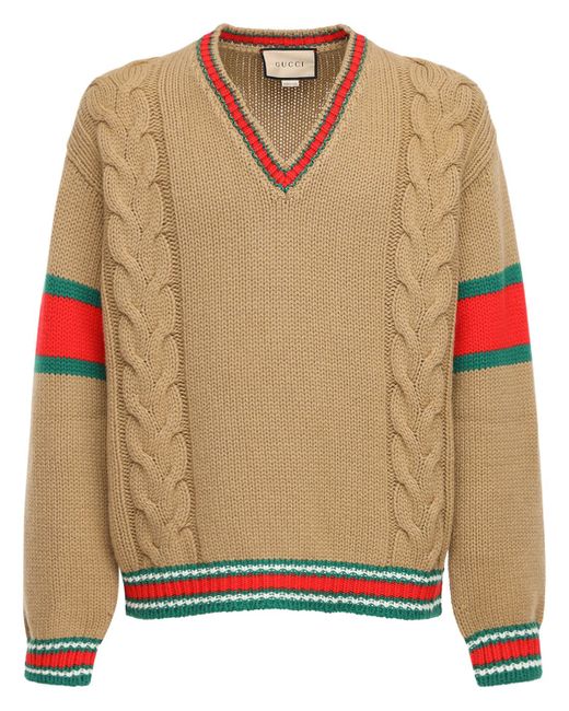 Gucci Cable Knit Wool V-neck Sweater