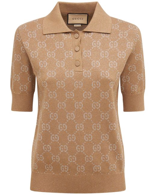 Gucci Cotton Jacquard Lamé Logo Knit Polo Top