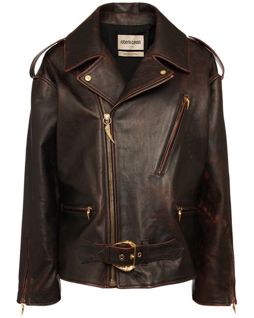 Roberto Cavalli Oversize Brushed Leather Biker Jacket