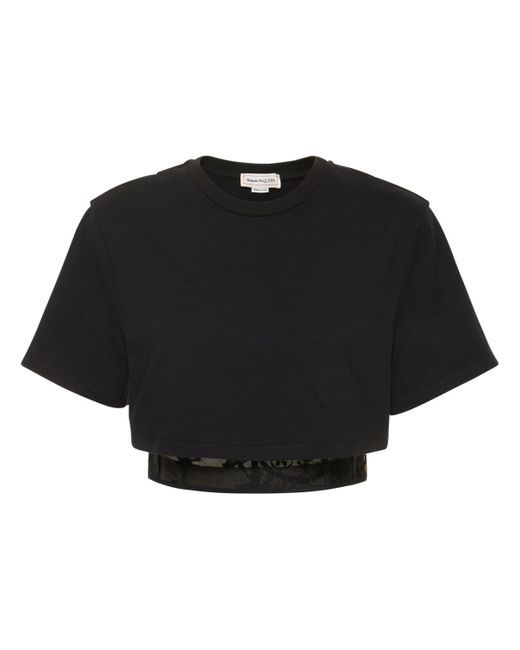 Alexander McQueen Cropped Lace Panel Cotton T-shirt