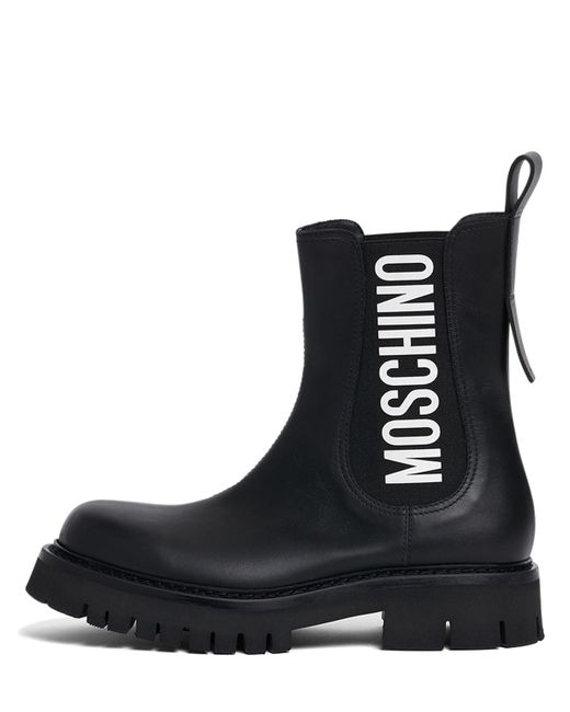 Moschino Logo Print Leather Chelsea Boots