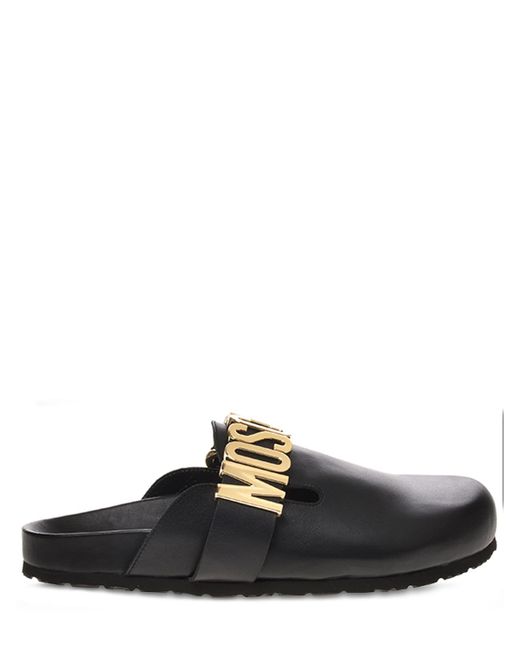 Moschino Metal Logo Leather Slippers