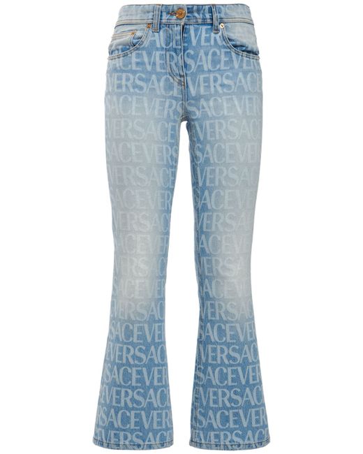 Versace Logo All Over Print Denim Flared Jeans