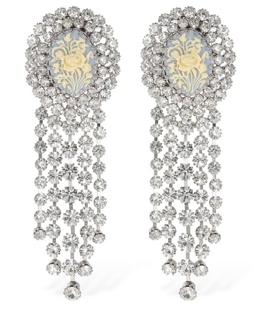Alessandra Rich Rose Cameo Earrings W Crystal Fringes