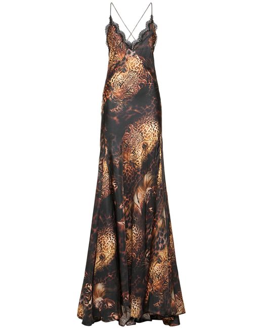 Roberto Cavalli Printed Silk Twill Long Dress W Lace