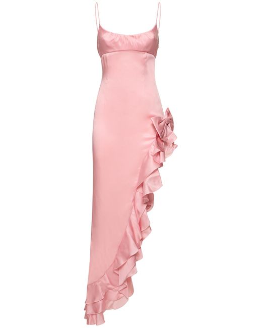 Alessandra Rich Laminated Satin Long Dress W/side Ruffle