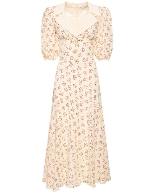 Alessandra Rich Printed Silk Twill Puffsleeve Midi Dress