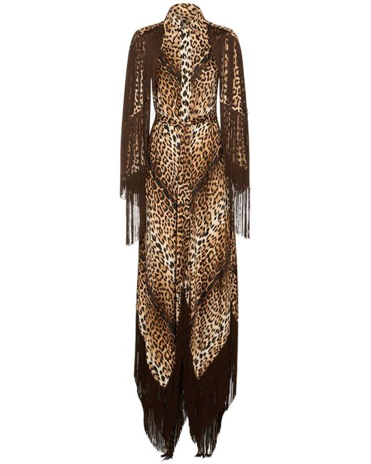 Roberto Cavalli Jaguar Print Satin Fringed Long Dress