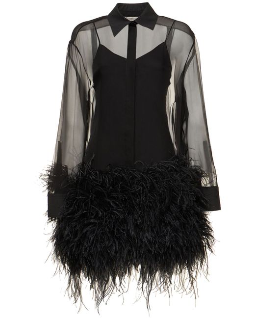Valentino Silk Chiffon Mini Shirt Dress W/feathers
