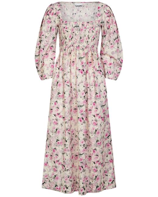 Ganni Smocked Printed Cotton Long Dress