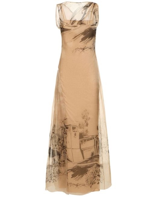 Alberta Ferretti Printed Silk Organza Long Dress