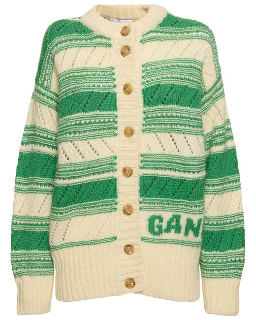 Ganni Striped Logo Wool Cardigan