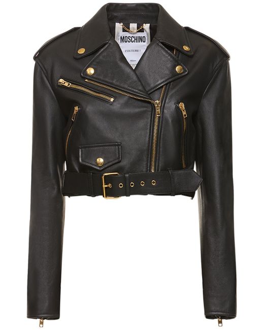 Moschino Belted Leather Cropped Logo Jacket