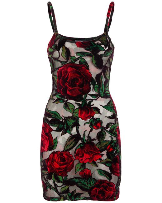 Balmain Rose Print Velvet Mini Dress