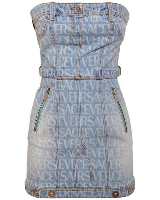 Versace Logo Printed Denim Mini Dress