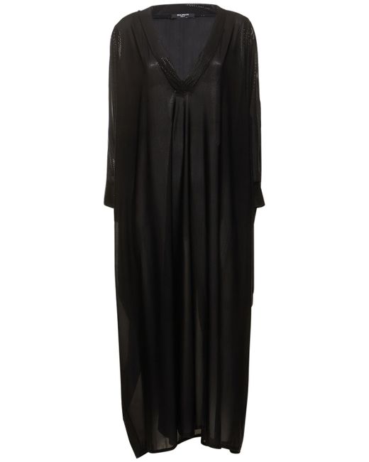 Balmain Shiny Jersey Long V-neck Kaftan Dress