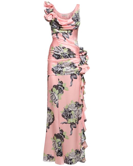 Alessandra Rich Rose Print Silk Satin Evening Dress